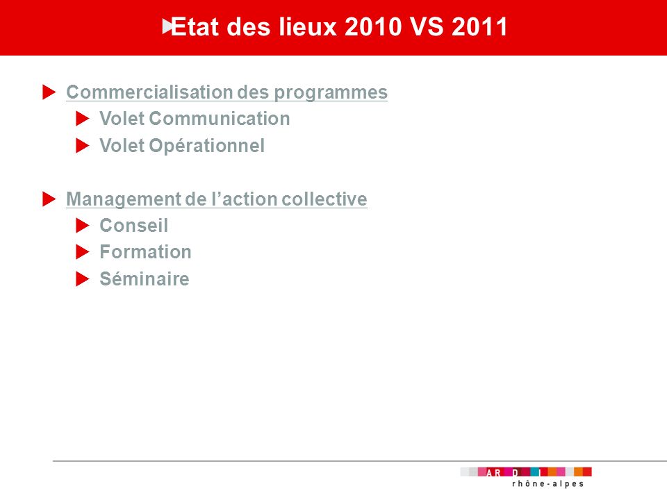 Etat des lieux 2010 VS 2011 Commercialisation des programmes