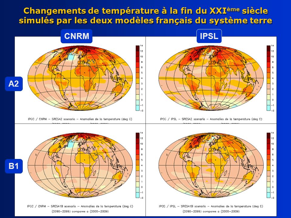 Changements de température à la fin du XXIème siècle simulés par les deux modèles français du système terre
