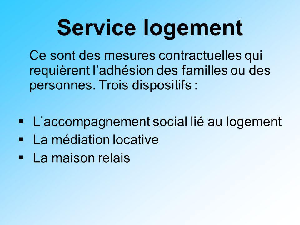 Service logement Ce sont des mesures contractuelles qui requièrent l’adhésion des familles ou des personnes. Trois dispositifs :