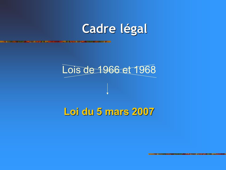 Cadre légal Lois de 1966 et 1968 Loi du 5 mars 2007