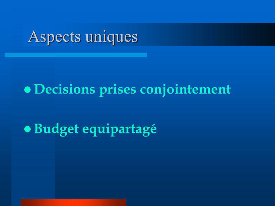 Aspects uniques Decisions prises conjointement Budget equipartagé