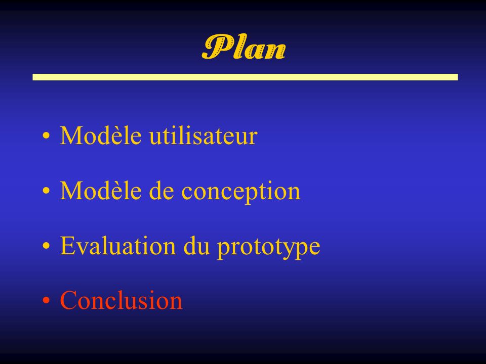 Plan Modèle utilisateur Modèle de conception Evaluation du prototype