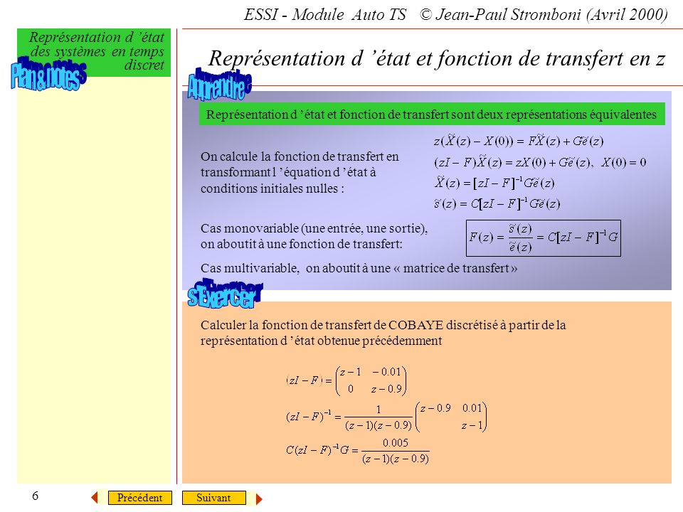 Représentation d ’état et fonction de transfert en z