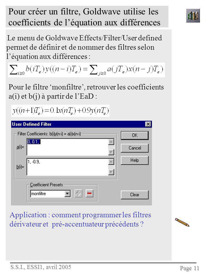 Pour créer un filtre, Goldwave utilise les coefficients de l’équation aux différences