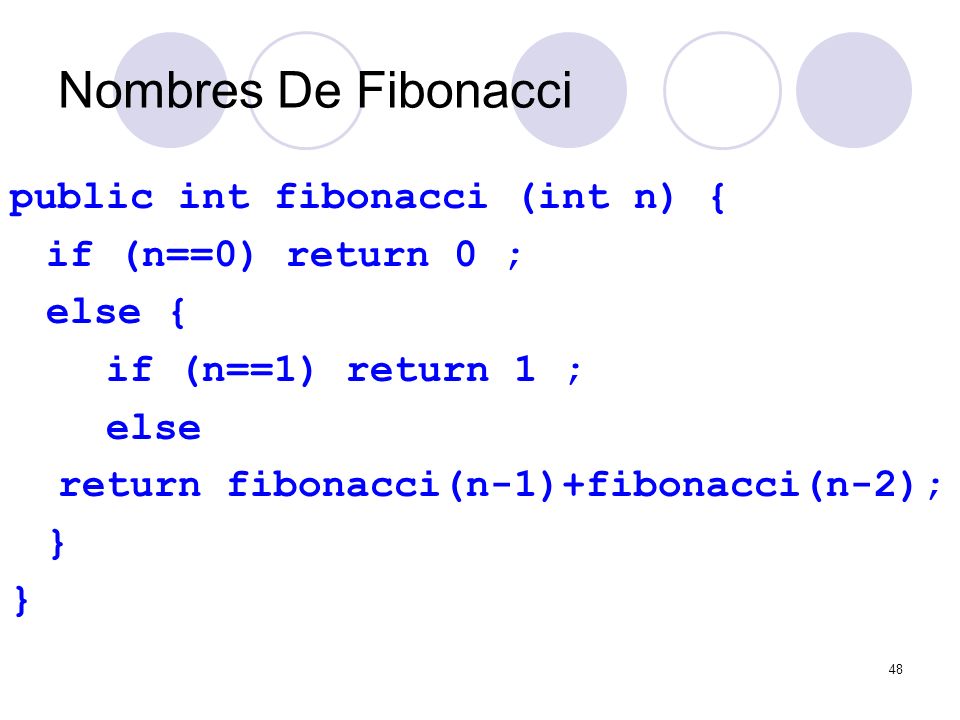 Nombres De Fibonacci public int fibonacci (int n) {
