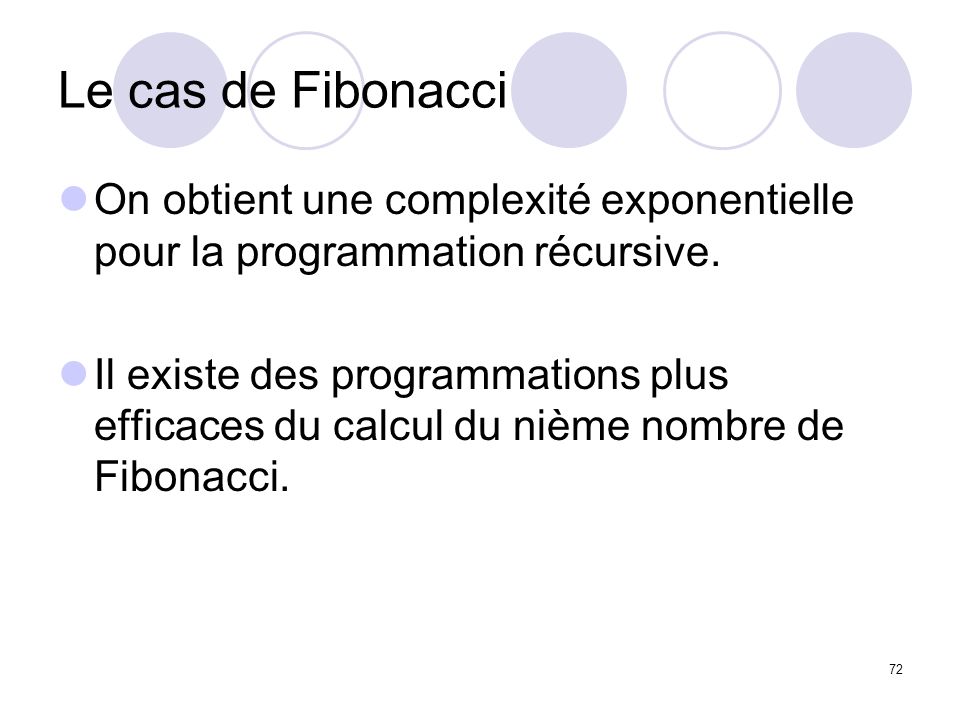 Le cas de Fibonacci On obtient une complexité exponentielle pour la programmation récursive.