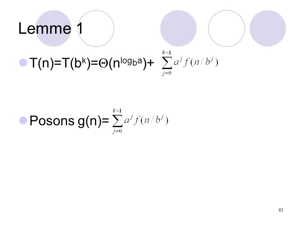 Lemme 1 T(n)=T(bk)=Q(nlogba)+ Posons g(n)=