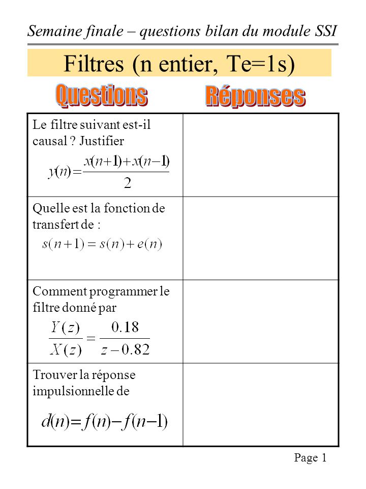Filtres (n entier, Te=1s)