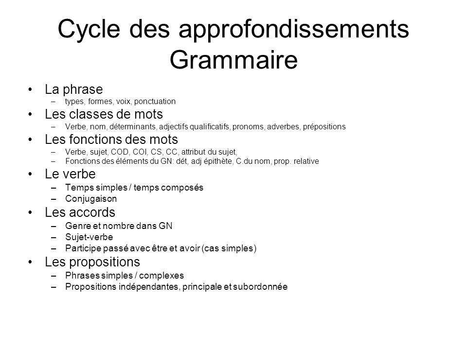 Cycle des approfondissements Grammaire