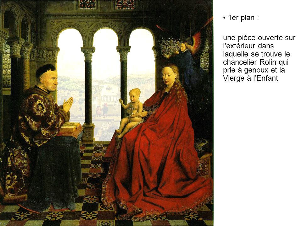 1er plan : une pièce ouverte sur l’extérieur dans laquelle se trouve le chancelier Rolin qui prie à genoux et la Vierge à l’Enfant.
