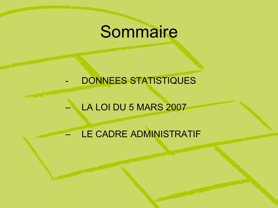 Sommaire DONNEES STATISTIQUES LA LOI DU 5 MARS 2007