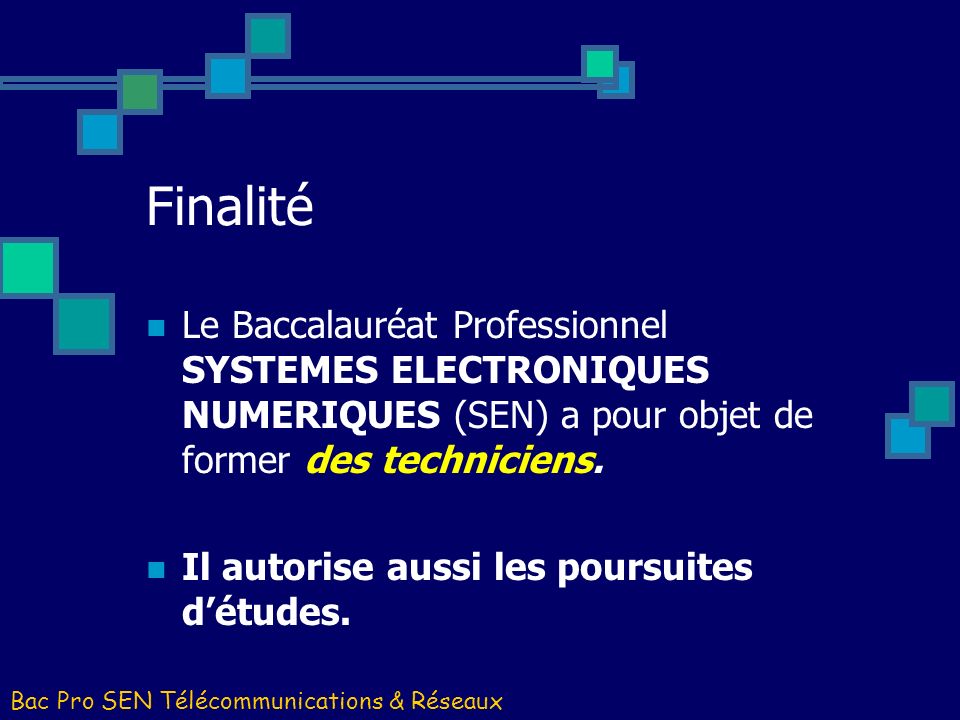 Finalité Le Baccalauréat Professionnel SYSTEMES ELECTRONIQUES NUMERIQUES (SEN) a pour objet de former des techniciens.