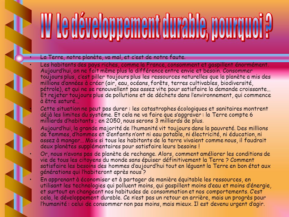 IV Le développement durable, pourquoi