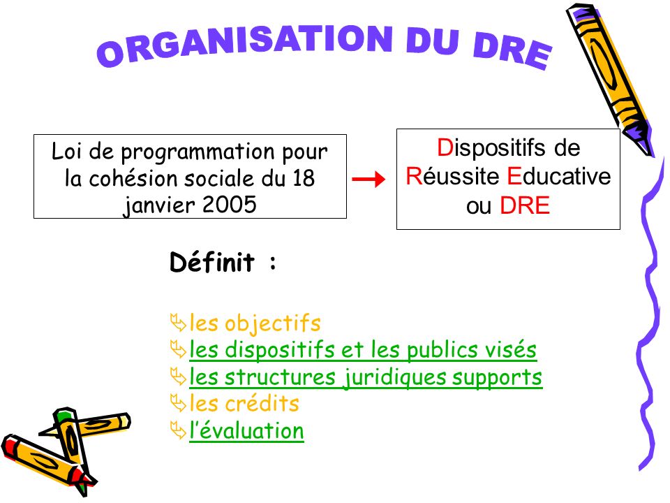 ORGANISATION DU DRE Définit : Dispositifs de Réussite Educative ou DRE