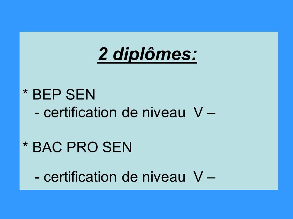 2 diplômes:. BEP SEN - certification de niveau V –