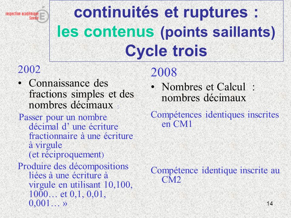 continuités et ruptures : les contenus (points saillants) Cycle trois