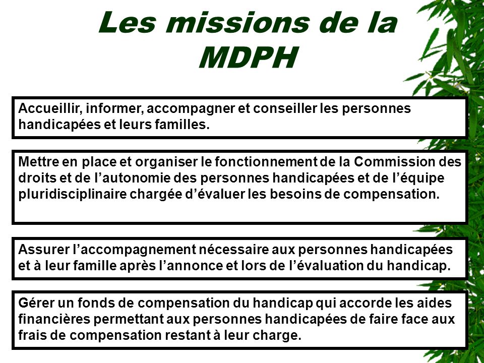 Les missions de la MDPH Accueillir, informer, accompagner et conseiller les personnes handicapées et leurs familles.