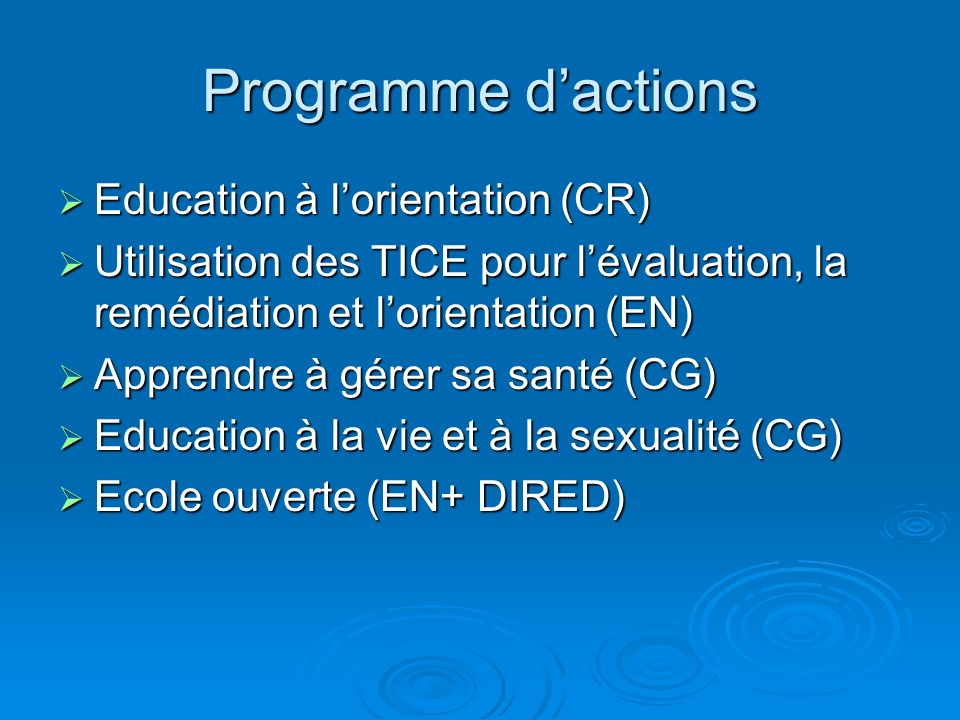 Programme d’actions Education à l’orientation (CR)