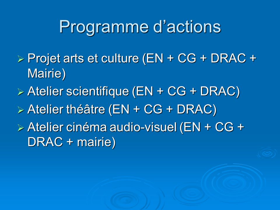 Programme d’actions Projet arts et culture (EN + CG + DRAC + Mairie)