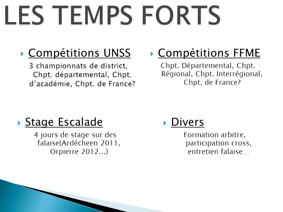 LES TEMPS FORTS Compétitions UNSS Compétitions FFME Stage Escalade