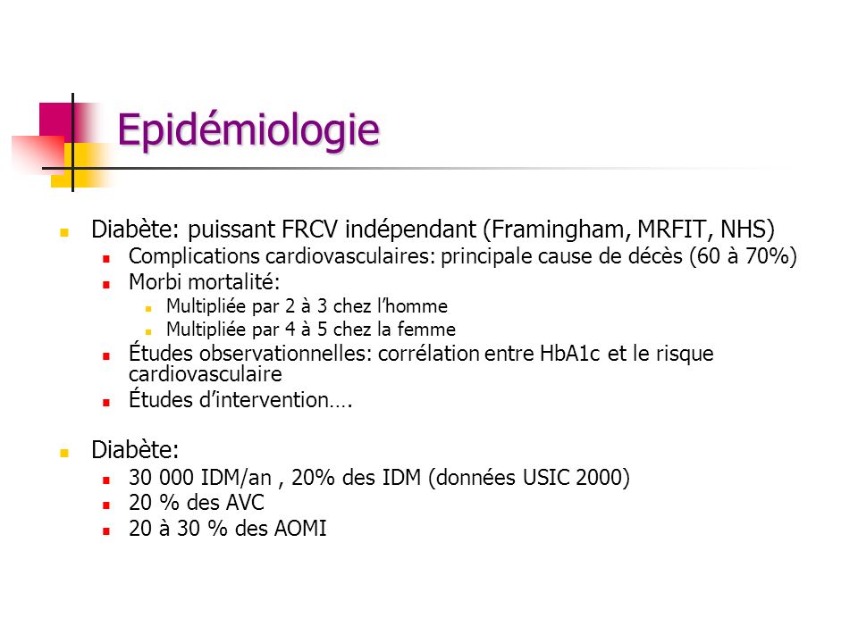 Epidémiologie Diabète: puissant FRCV indépendant (Framingham, MRFIT, NHS) Complications cardiovasculaires: principale cause de décès (60 à 70%)