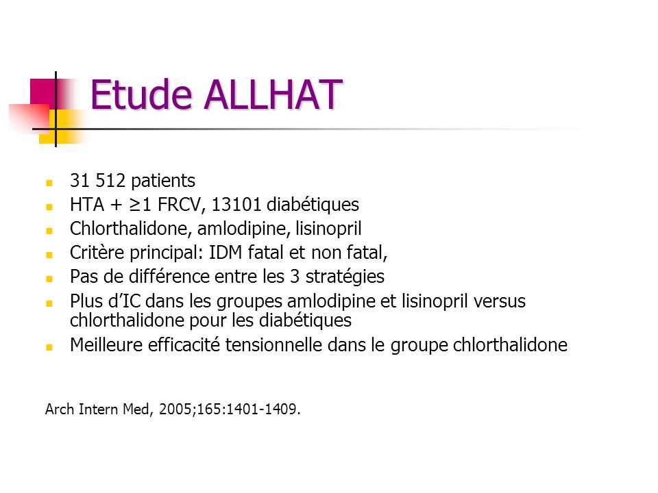 Etude ALLHAT patients HTA + ≥1 FRCV, diabétiques