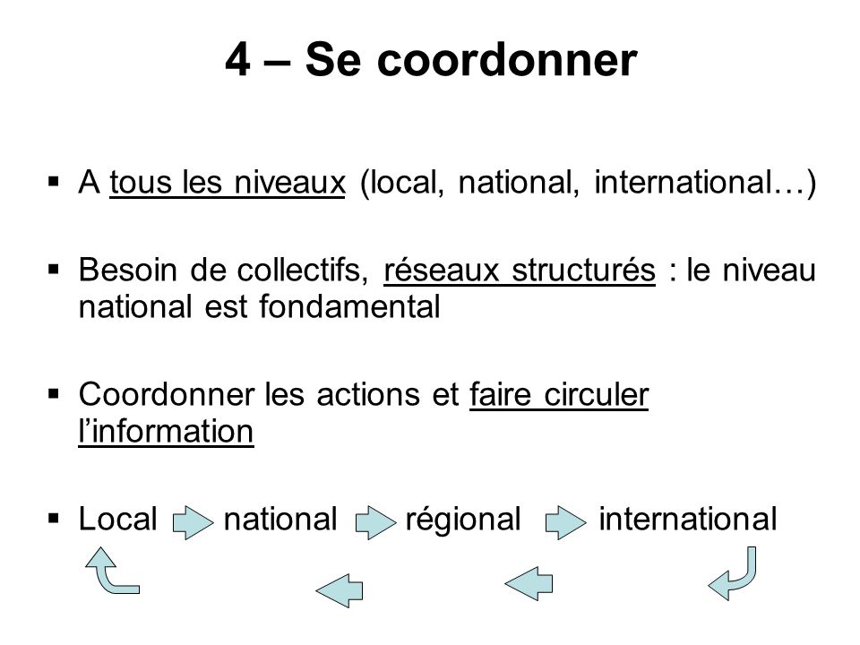 4 – Se coordonner A tous les niveaux (local, national, international…)