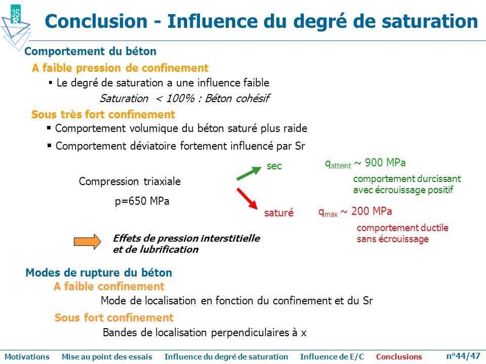 Conclusion - Influence du degré de saturation
