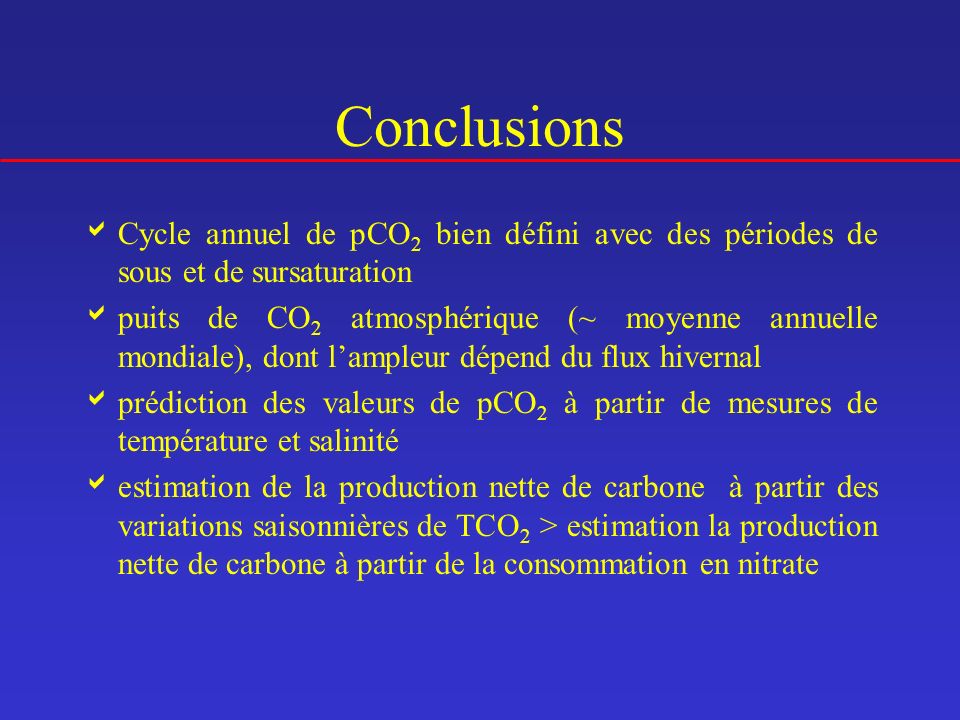 Conclusions Cycle annuel de pCO2 bien défini avec des périodes de sous et de sursaturation.