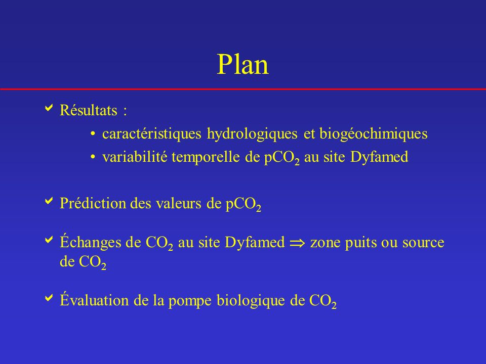 Plan Résultats : caractéristiques hydrologiques et biogéochimiques