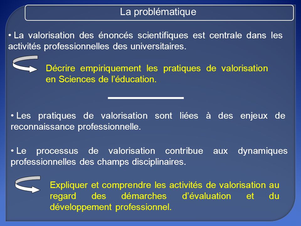 La problématique La valorisation des énoncés scientifiques est centrale dans les activités professionnelles des universitaires.