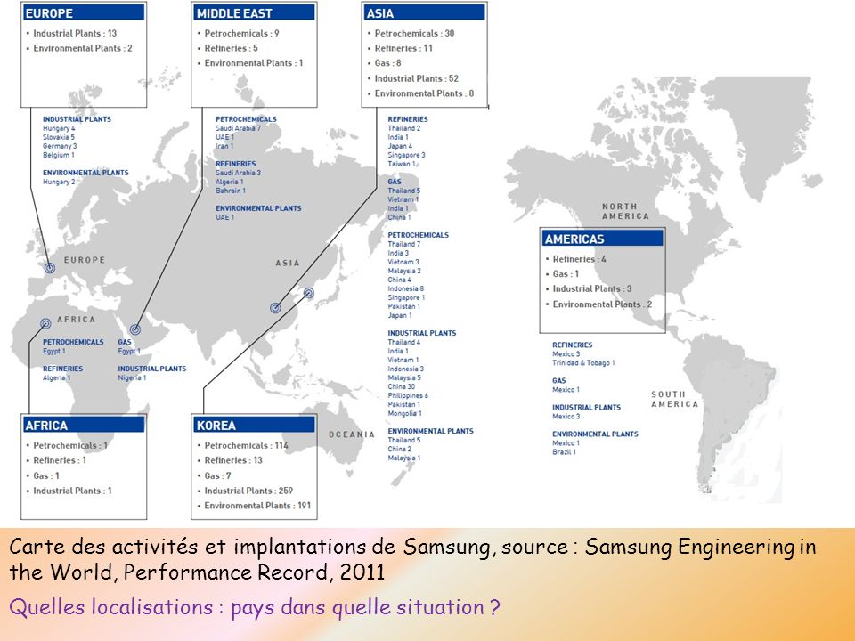 Carte des activités et implantations de Samsung, source : Samsung Engineering in the World, Performance Record, 2011