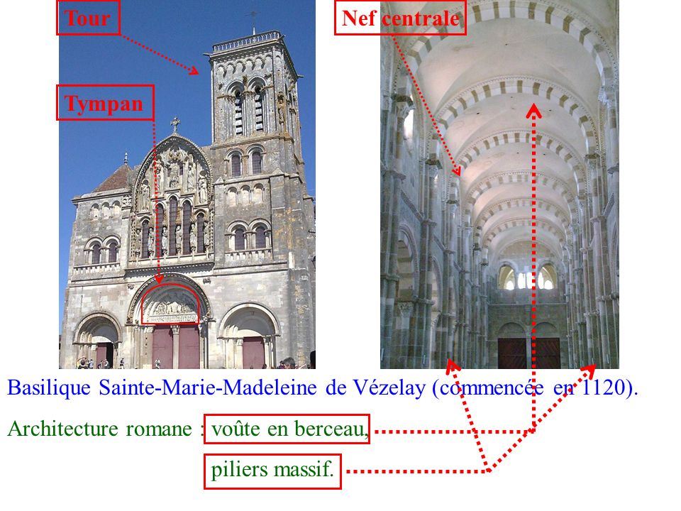 Tour Nef centrale. Tympan. Basilique Sainte-Marie-Madeleine de Vézelay (commencée en 1120). Architecture romane : voûte en berceau,