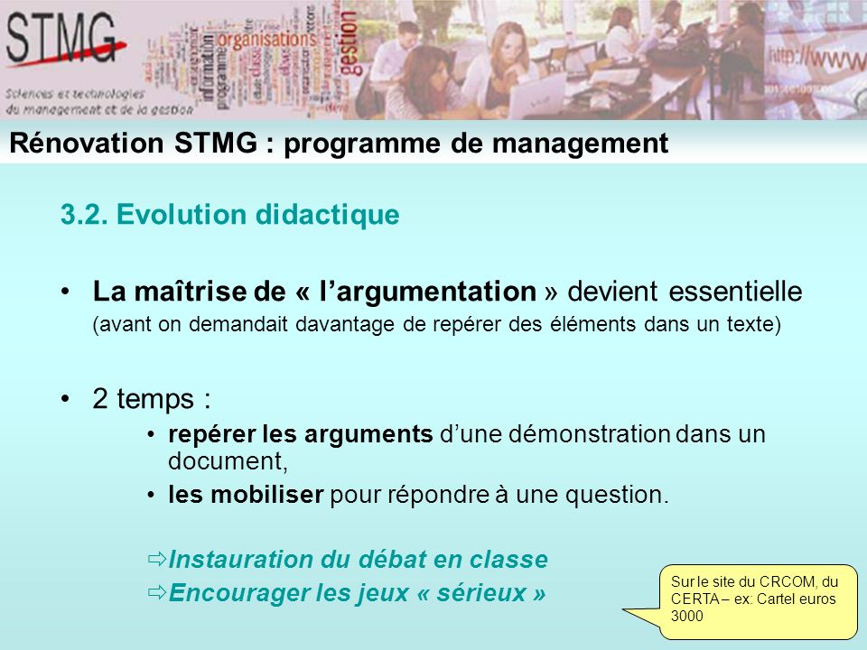 Rénovation STMG : programme de management