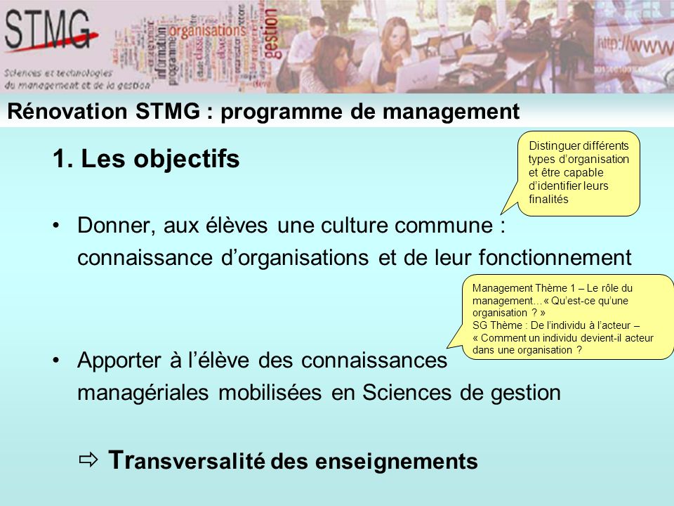 1. Les objectifs Rénovation STMG : programme de management