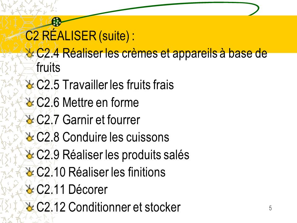 C2 RÉALISER (suite) : C2.4 Réaliser les crèmes et appareils à base de fruits. C2.5 Travailler les fruits frais.