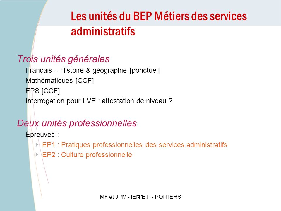 Les unités du BEP Métiers des services administratifs