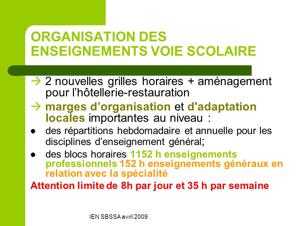 ORGANISATION DES ENSEIGNEMENTS VOIE SCOLAIRE