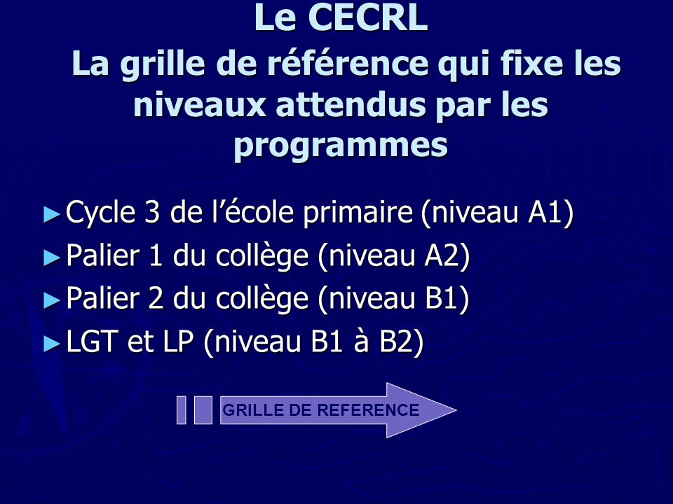 Le CECRL La grille de référence qui fixe les niveaux attendus par les programmes