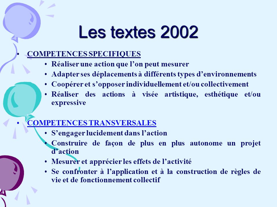 Les textes 2002 COMPETENCES SPECIFIQUES