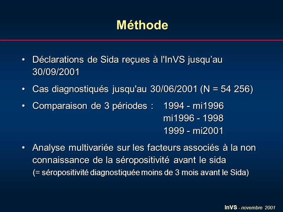 Méthode Déclarations de Sida reçues à l InVS jusqu’au 30/09/2001
