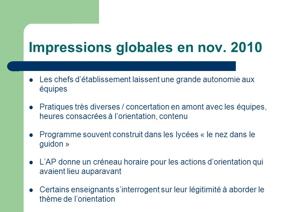 Impressions globales en nov. 2010