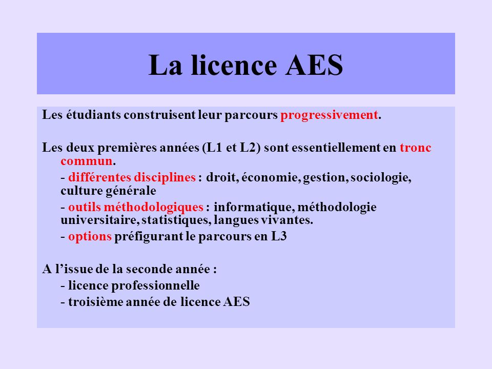 La licence AES Les étudiants construisent leur parcours progressivement. Les deux premières années (L1 et L2) sont essentiellement en tronc commun.