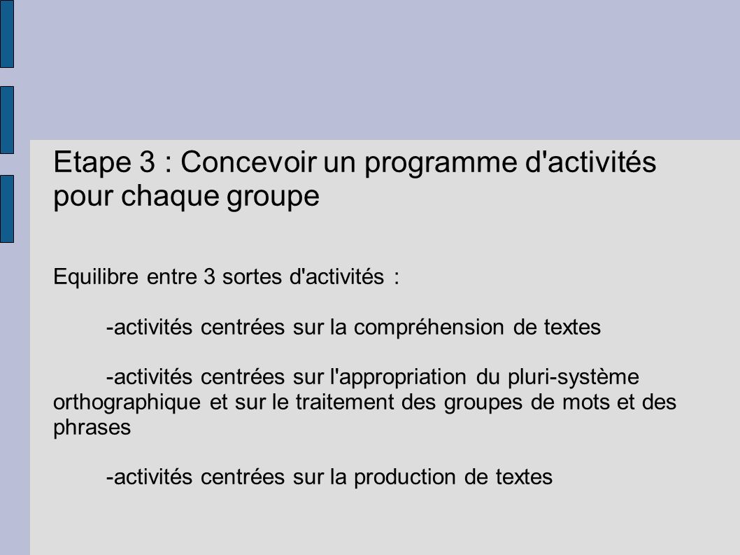Etape 3 : Concevoir un programme d activités pour chaque groupe