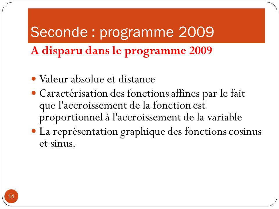 Seconde : programme 2009 A disparu dans le programme 2009