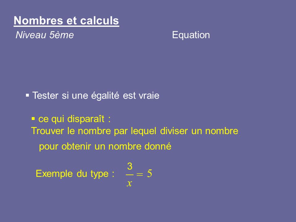 = Nombres et calculs 5 x Niveau 5ème Equation