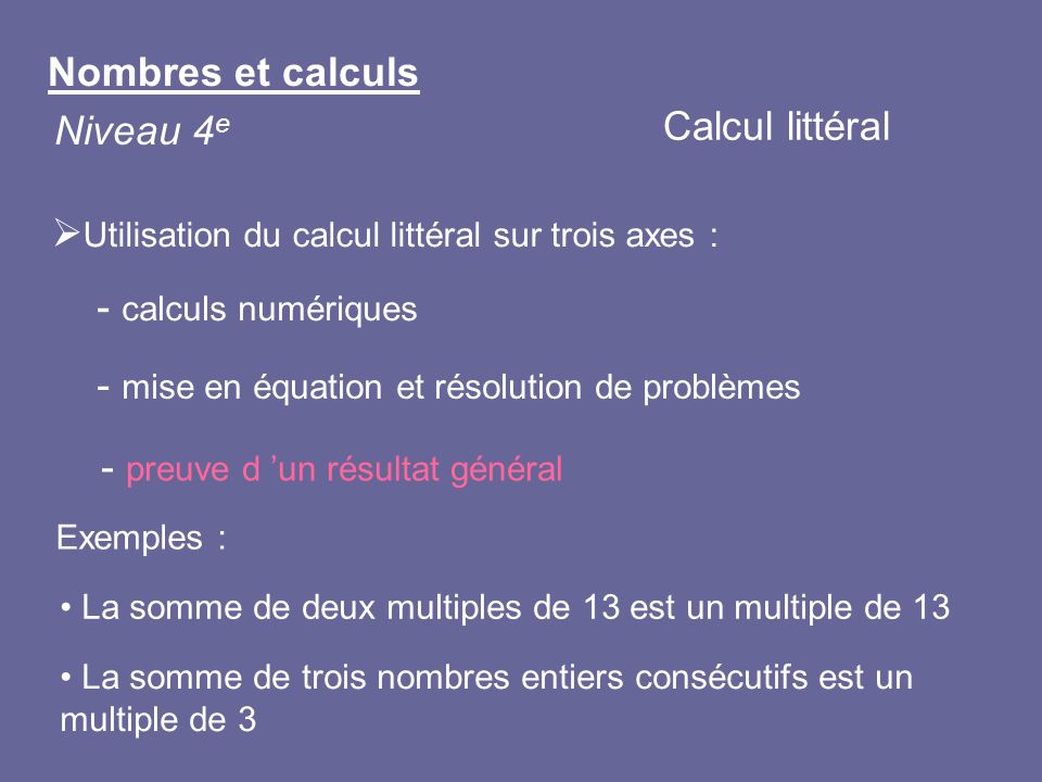 Utilisation du calcul littéral sur trois axes :