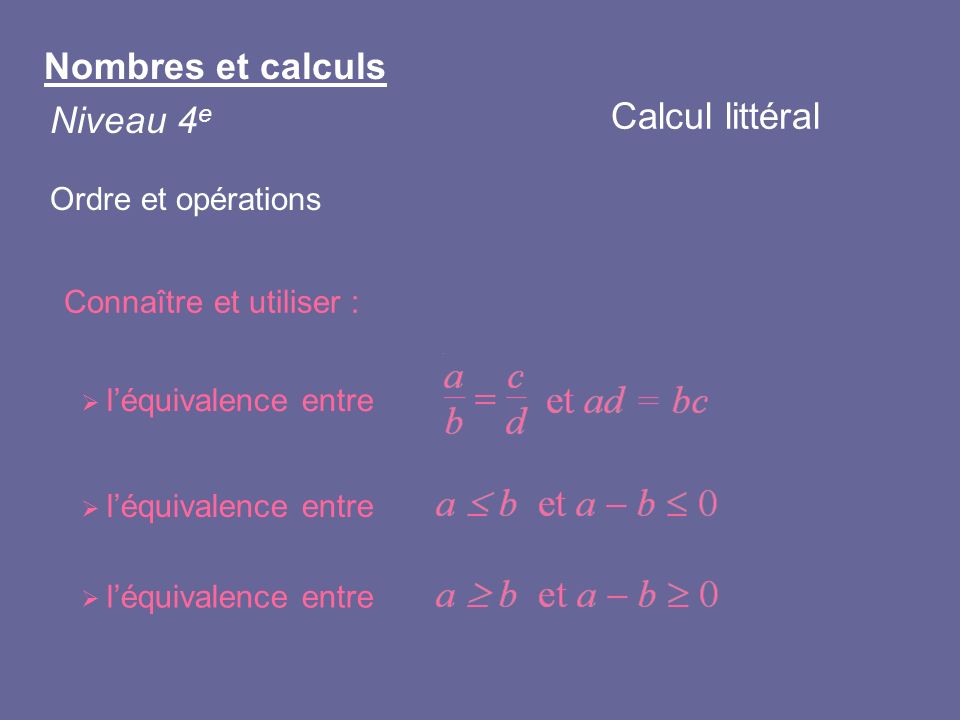 Nombres et calculs Calcul littéral Niveau 4e Ordre et opérations