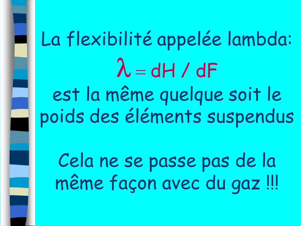 La flexibilité appelée lambda: l = dH / dF est la même quelque soit le poids des éléments suspendus Cela ne se passe pas de la même façon avec du gaz !!!