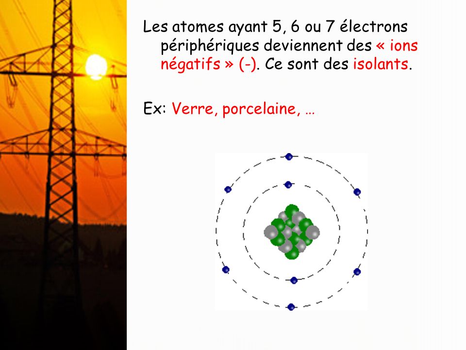 Les atomes ayant 5, 6 ou 7 électrons périphériques deviennent des « ions négatifs » (-).